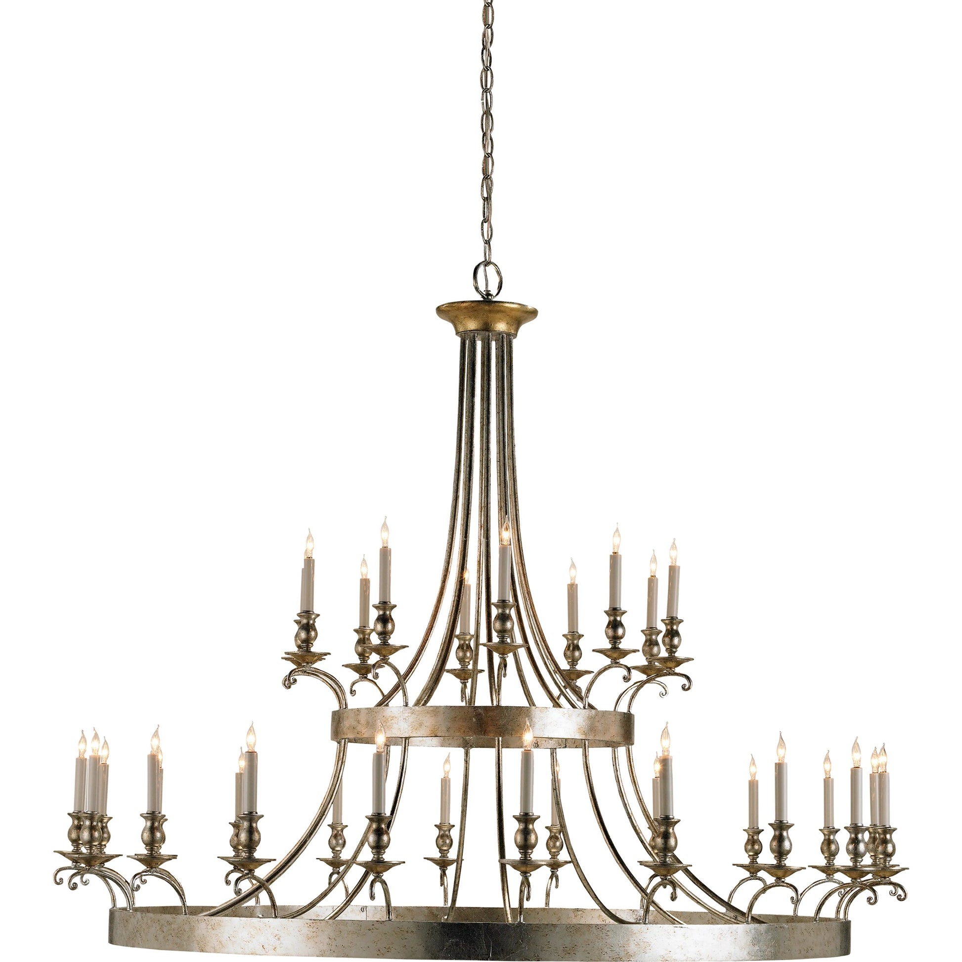 Lodestar Chandelier by Currey and Company in granello silver leaf, antique. Made from wrought iron, wood in a traditional style.