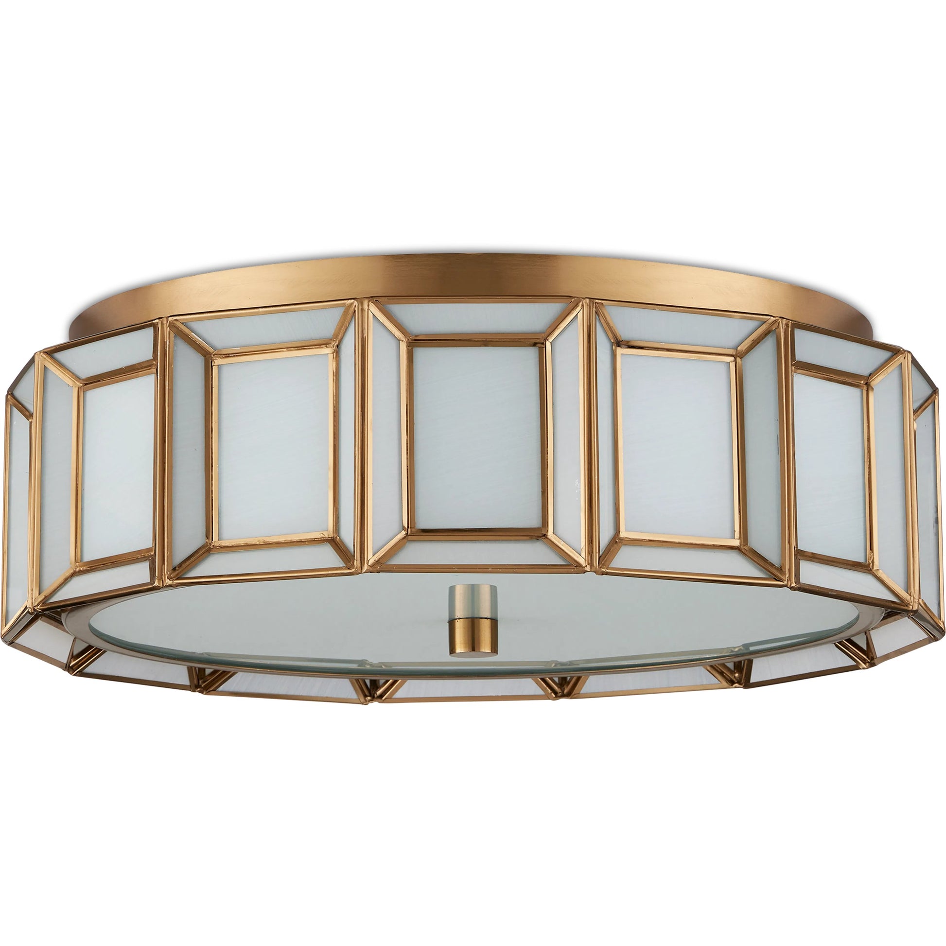 Daze Flush Mount by Currey and Company in antique brass, white. Made from brass, hand-painted glass, metal in a traditional style.