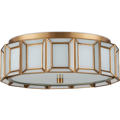 Daze Flush Mount by Currey and Company in antique brass, white. Made from brass, hand-painted glass, metal in a traditional style.