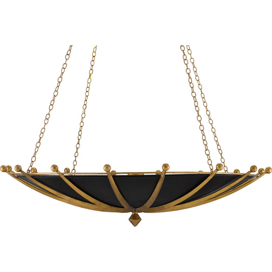 Fontaine Chandelier by Currey and Company in antique gold leaf, contemporary gold leaf, satin black. Made from wrought iron in a transitional style.