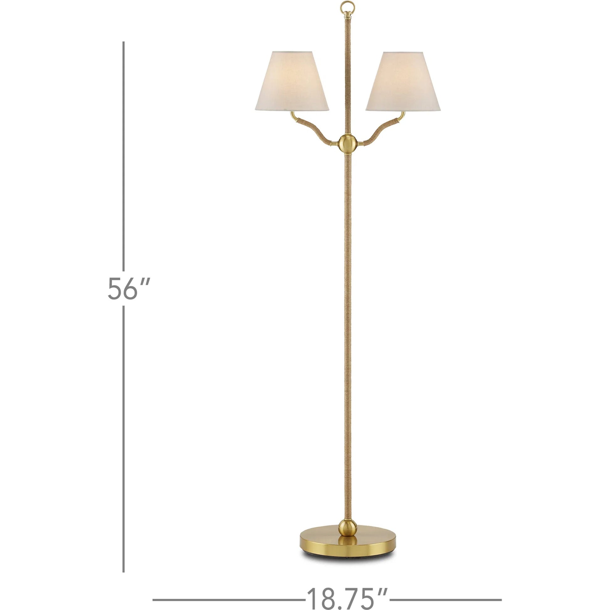 Sirocco Floor Lamp by Currey and Company in antique brass. Made from natural jute rope, metal in a modern style.