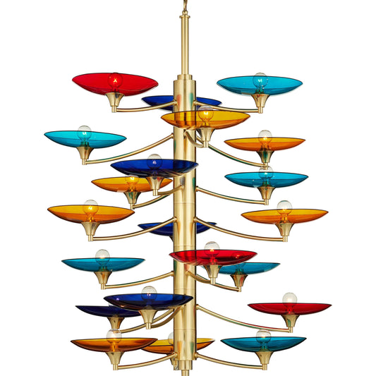 Veneto Chandelier by Currey and Company in blue, yellow, red, polished brass. Made from glass, metal in a eclectic & global style.