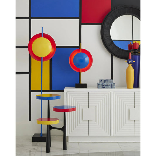 Mister M Accent Table by Currey and Company in red, blue, yellow. Made from wrought iron, wood in a modern style.