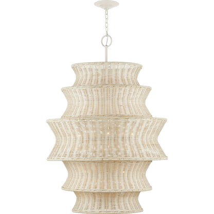 Phebe Rattan Chandelier by Currey and Company in bleached natural, vanilla. Made from rattan, wrought iron in a cottage & farmhouse style.