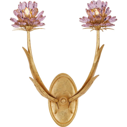 Marilee Double-Light Wall Sconce by Currey and Company in pink, dutch gold leaf. Made from crystal, wrought iron in a eclectic & global style.