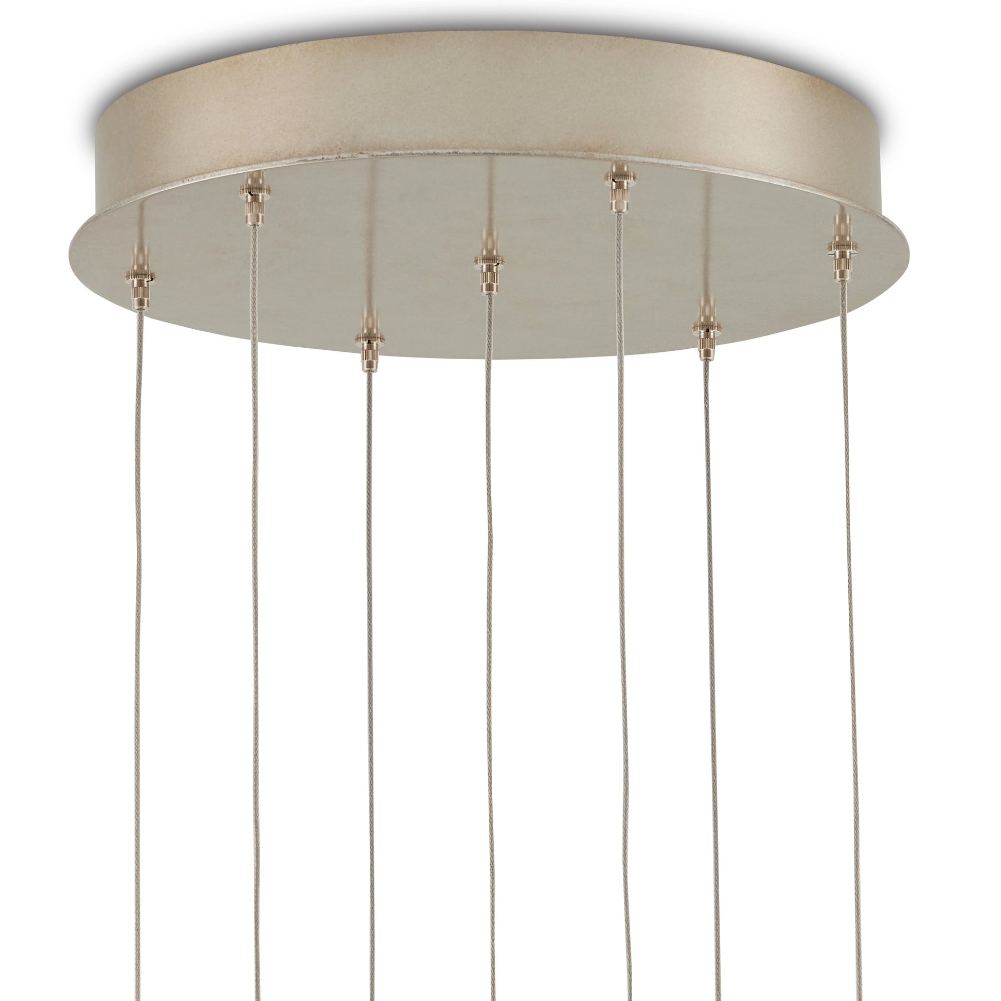 Pathos Round 7-LIGHT Multi-Drop Pendant by Currey and Company in antique silver, antique gold, matte charcoal, silver. Made from glass in a modern style.