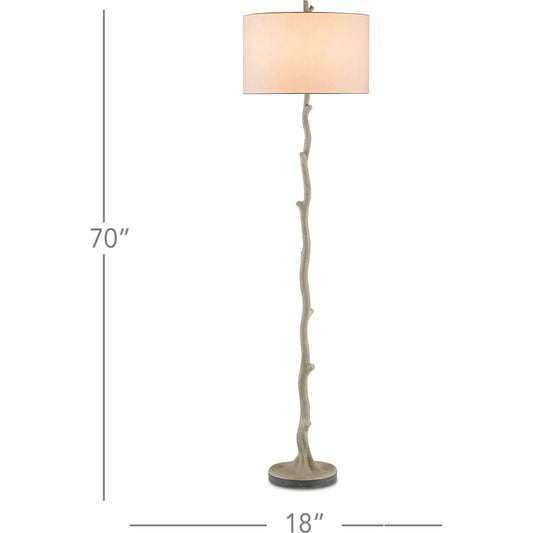 Beaujon Floor Lamp by Currey and Company in polished, aged steel. Made from wrought iron, concrete in a coastal style.