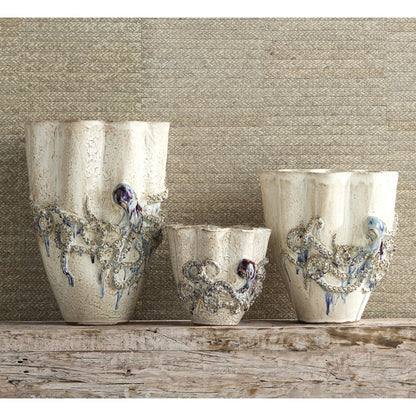 Octopus Vase by Currey and Company in cream, reactive blue. Made from ceramic in a coastal style.