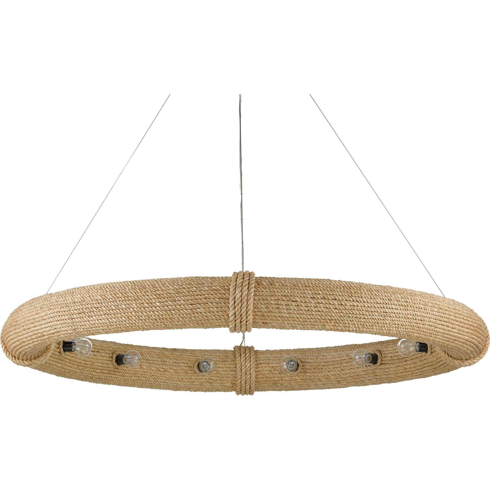 Portmeirion Chandelier by Currey and Company in satin black, abaca rope. Made from wrought iron, abaca rope in a coastal style.