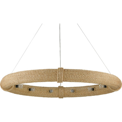 Portmeirion Chandelier by Currey and Company in satin black, abaca rope. Made from wrought iron, abaca rope in a coastal style.