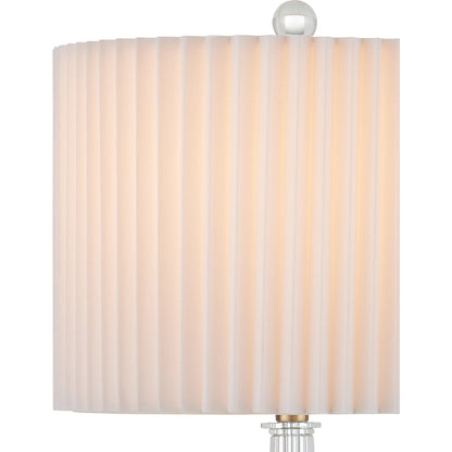 Anton Table Lamp by Currey and Company in clear, antique brass. Made from optic crystal, metal in a modern style.