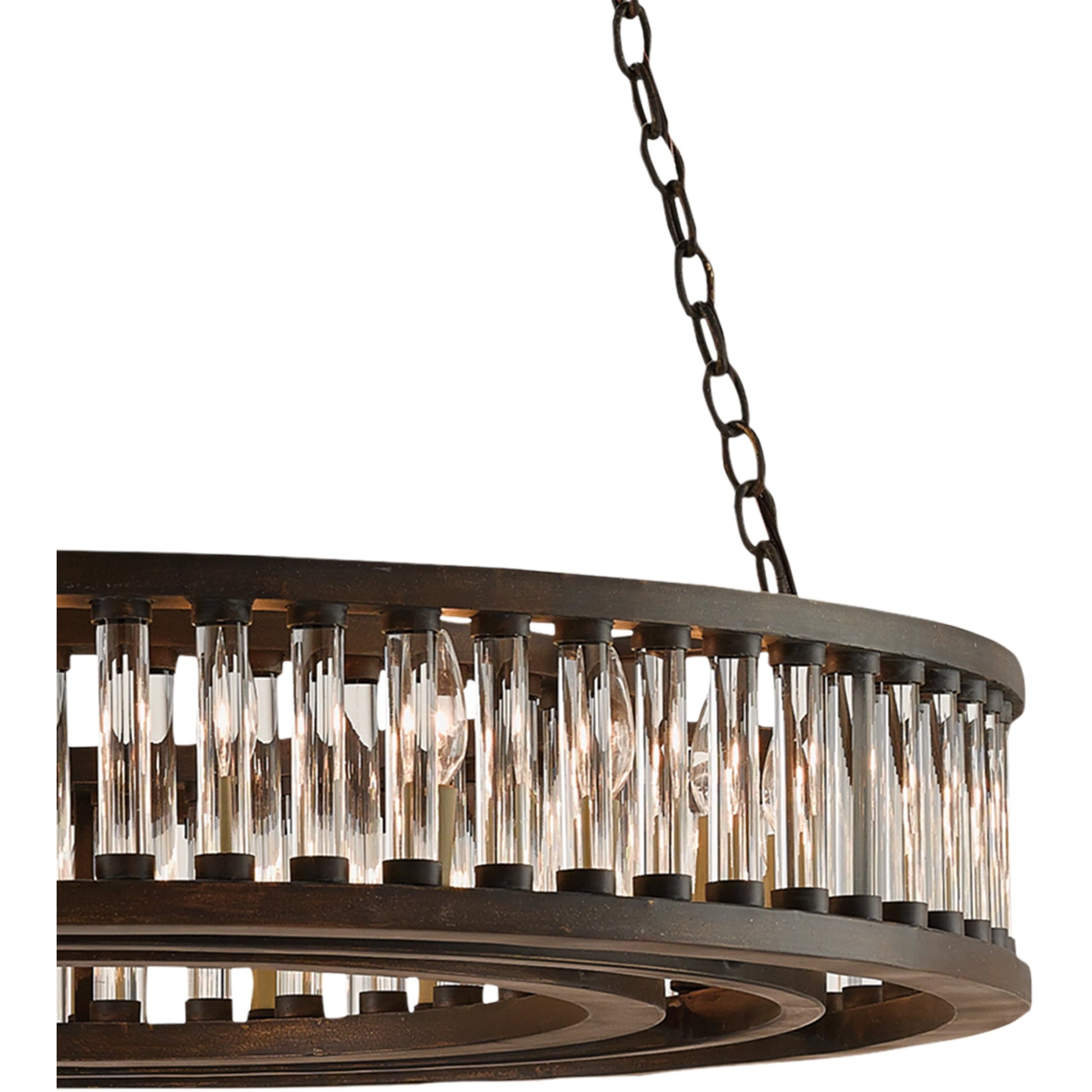 Elixir Round Chandelier by Currey and Company in bronze verdigris. Made from wrought iron, optic crystal in a rustic style.