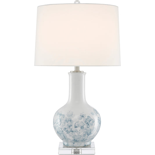 Myrtle Table Lamp by Currey and Company in white, blue, clear, polished nickel. Made from ceramic, optic crystal in a cottage & farmhouse style.