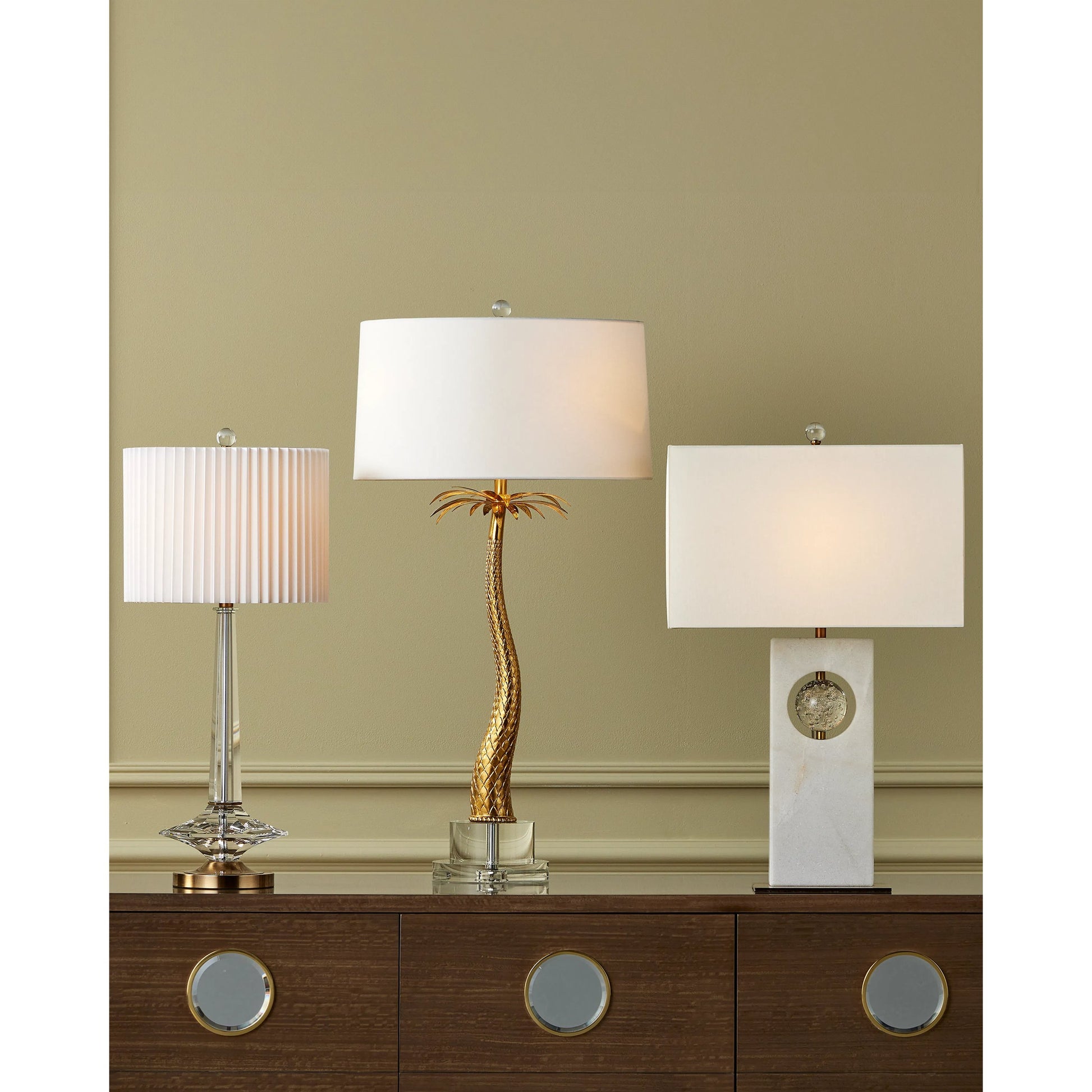 Radiant Table Lamp by Currey and Company in white, clear, antique brass. Made from white marble, glass, metal in a modern style.