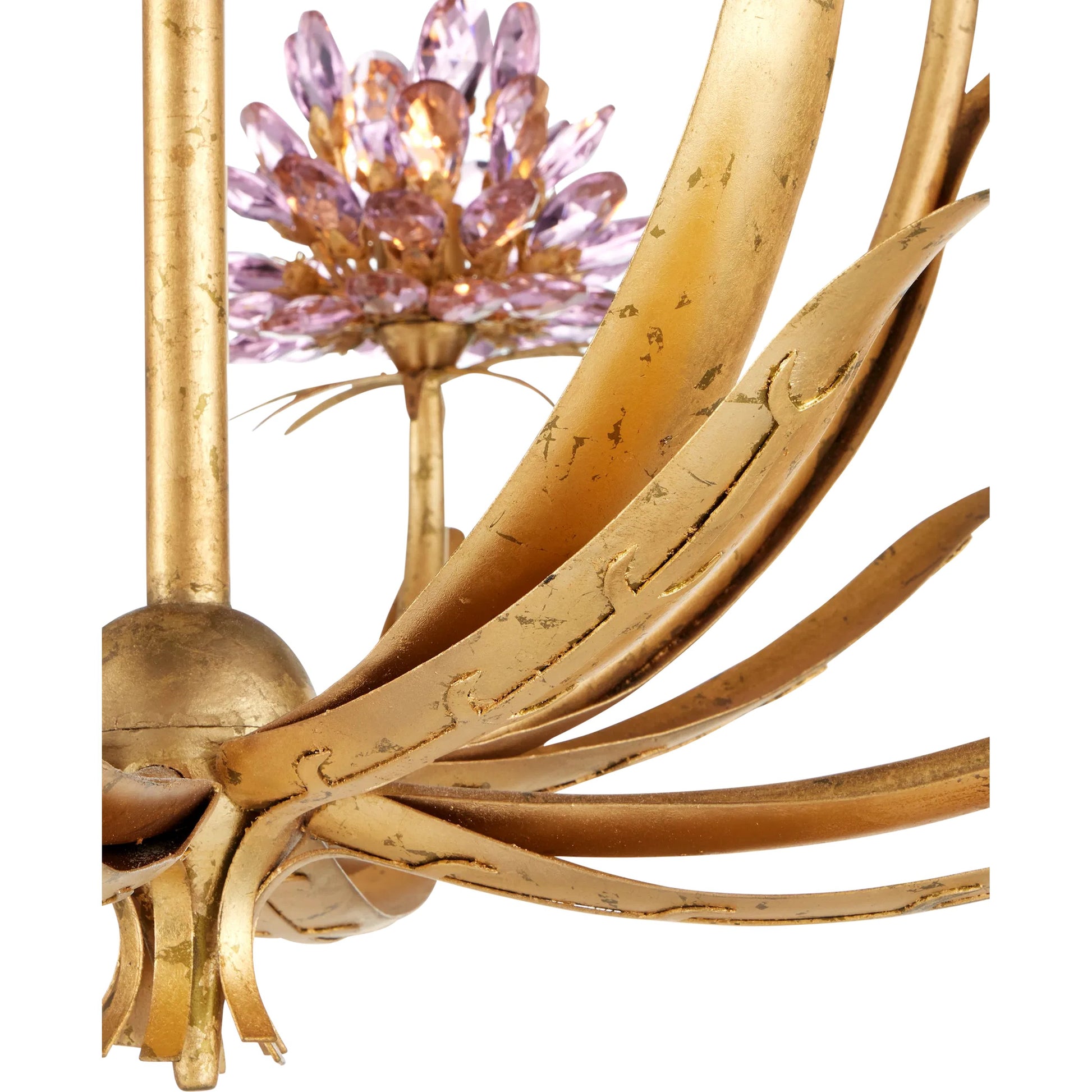 Marilee Chandelier by Currey and Company in pink, dutch gold leaf. Made from crystal, wrought iron in a eclectic & global style.