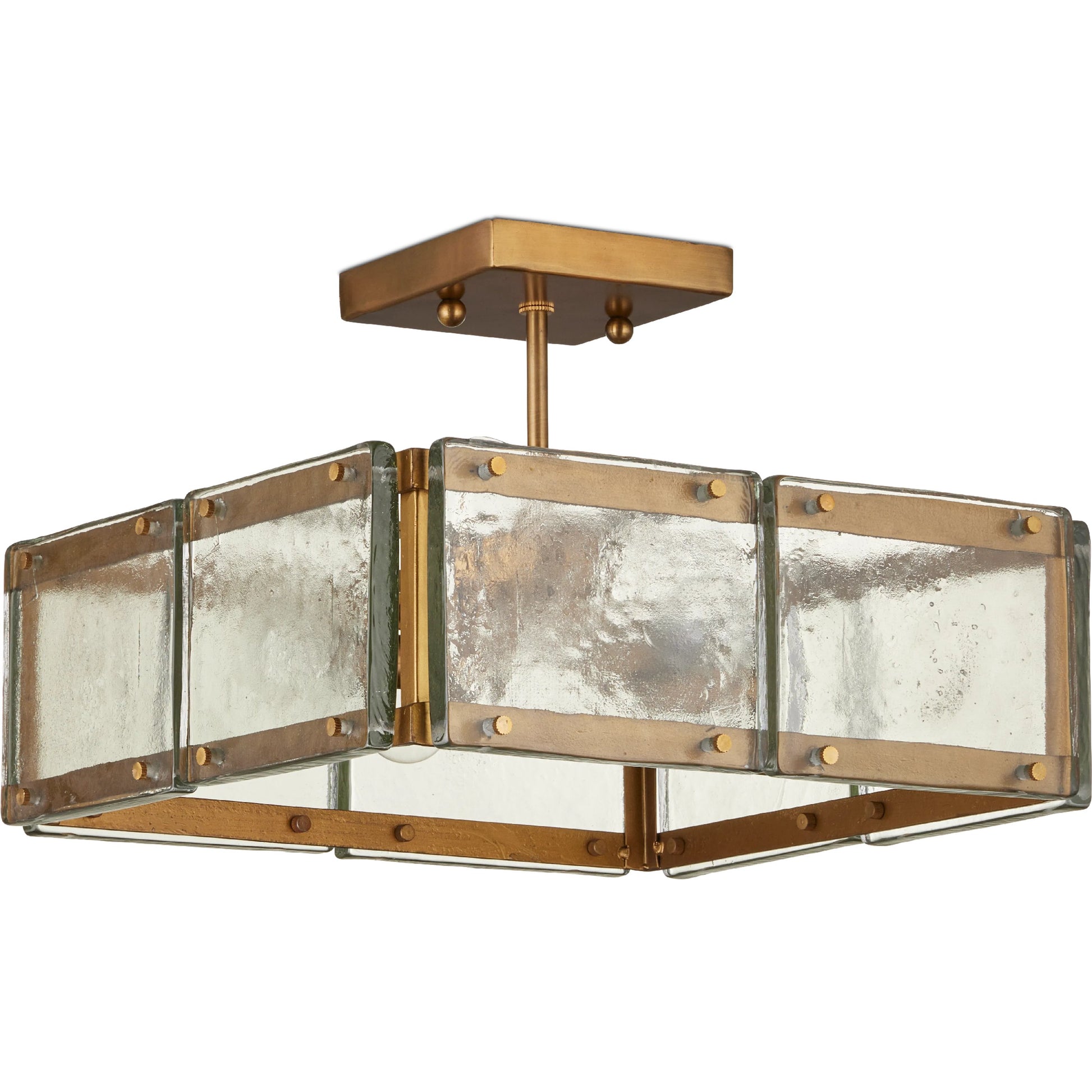 Countervail Square Semi-Flush Mount by Currey and Company in clear, antique brass. Made from cast glass, metal in a modern style.