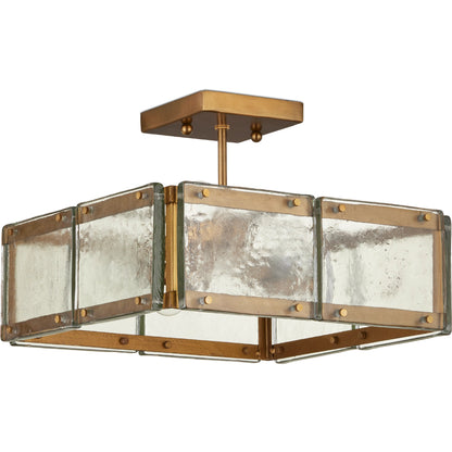 Countervail Square Semi-Flush Mount by Currey and Company in clear, antique brass. Made from cast glass, metal in a modern style.