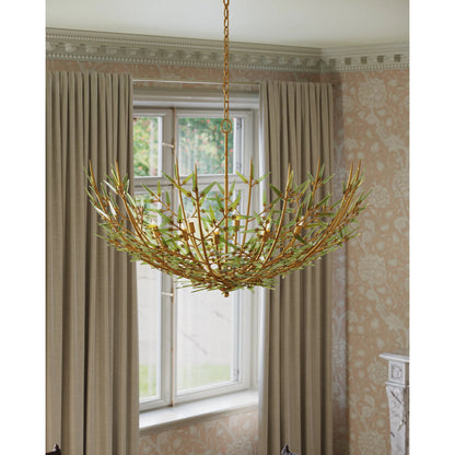 Babylon Chandelier by Currey and Company in green, contemporary gold leaf. Made from recycled bottle glass, wrought iron in a modern style.