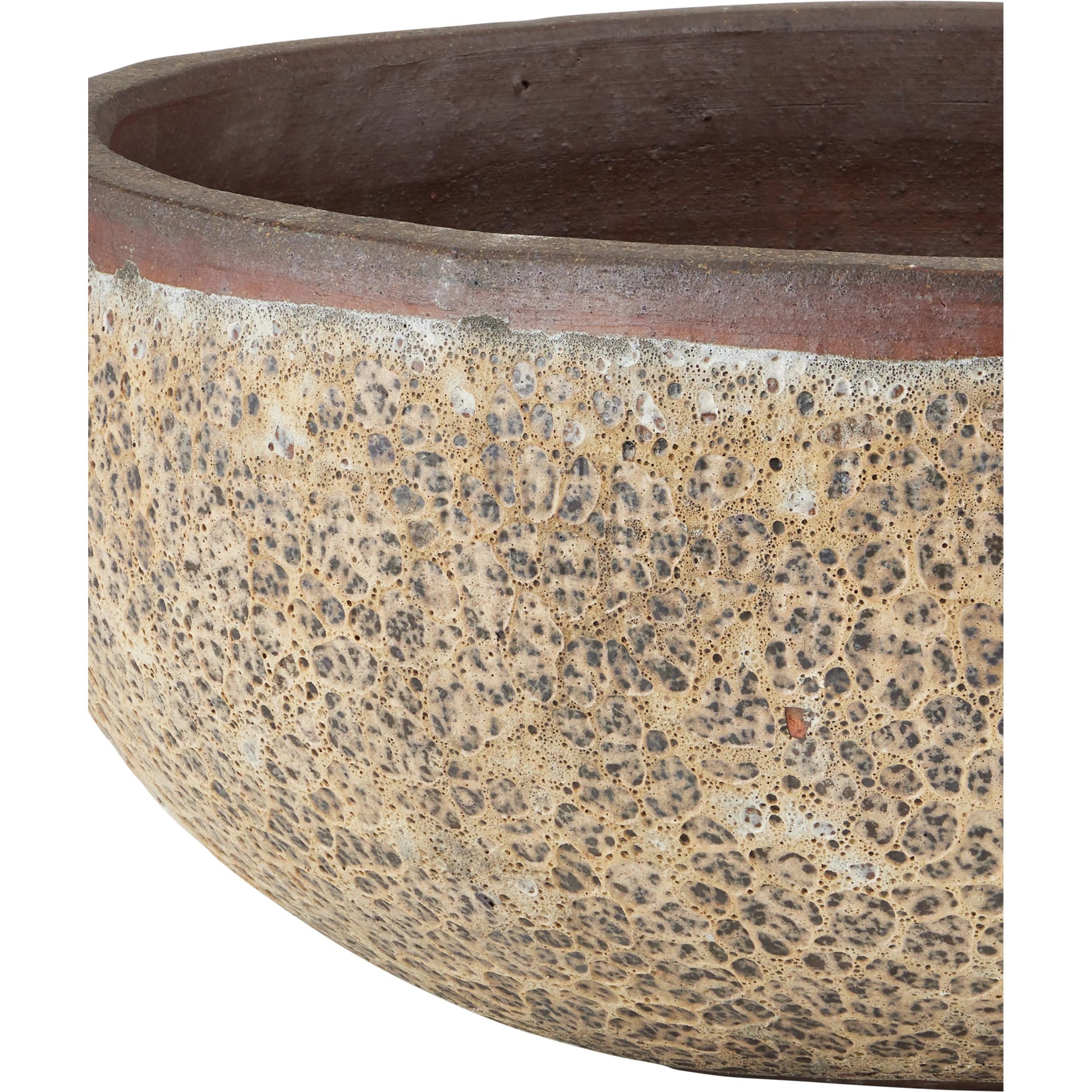 Lyra Beige Planter by Currey and Company in reactive cream. Made from ceramic in a modern style.