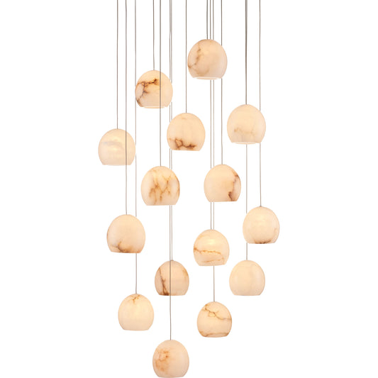 Lazio Round 15-LIGHT Multi-Drop Pendant by Currey and Company in natural, painted silver. Made from alabaster, metal in a transitional style.