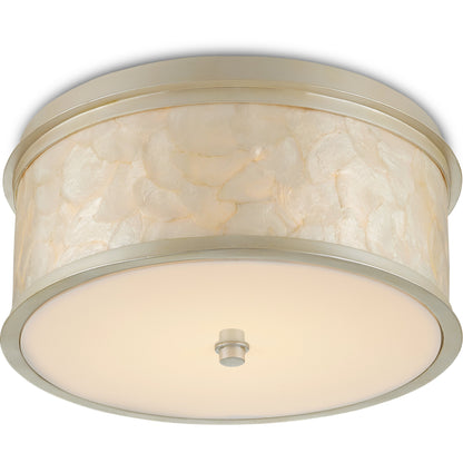 Neith Flush Mount by Currey and Company in sea pearl, natural. Made from wrought iron, capiz shell, acrylic diffuser in a transitional style.