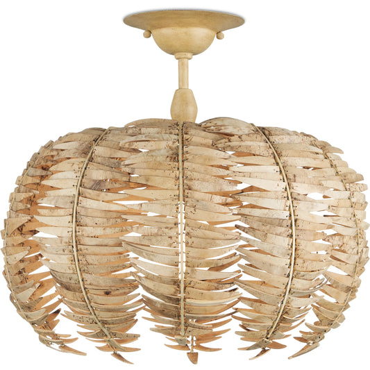 Tiptur Semi-Flush Mount by Currey and Company in natural, coco cream. Made from coco shells, wrought iron in a unique style.
