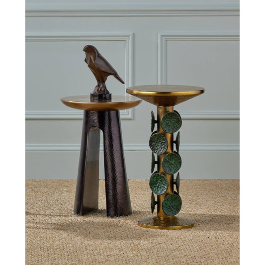 Nasturtium Accent Table by Currey and Company in antique brass, patina brass. Made from cast aluminum in a modern style.