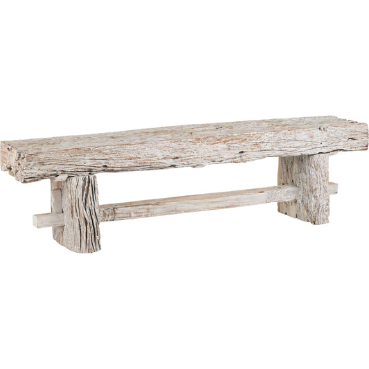 Holland Bench by Currey and Company in whitewash. Made from reclaimed wood in a unique style.