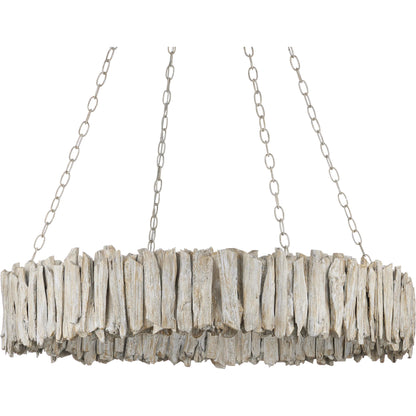 Driftwood Ring Chandelier by Currey and Company in whitewash. Made from driftwood, wrought iron in a cottage & farmhouse style.