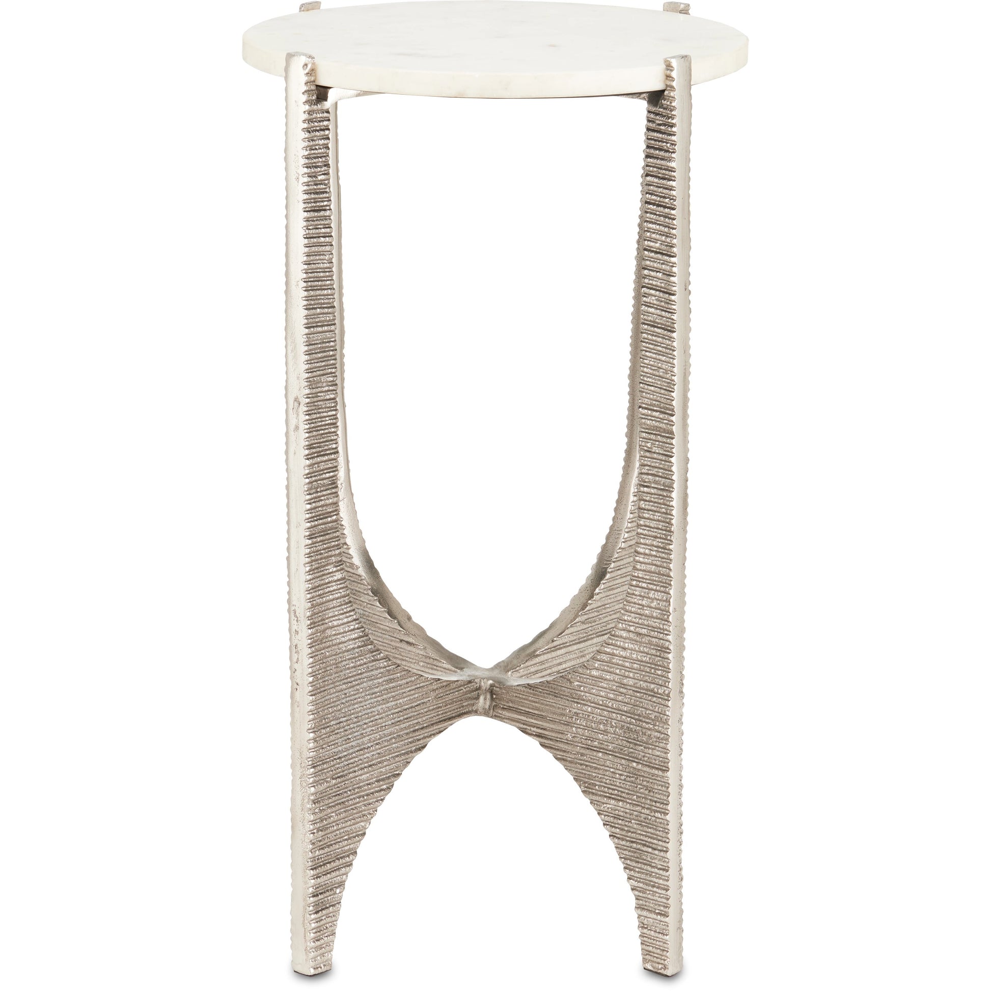 Micha Accent Table by Currey and Company in antique nickel, white. Made from cast aluminum, marble in a modern style.