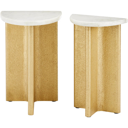 Doublet Marble Accent Table Set by Currey and Company in white, antique brass. Made from banswara marble, brass, engineered wood in a modern style.