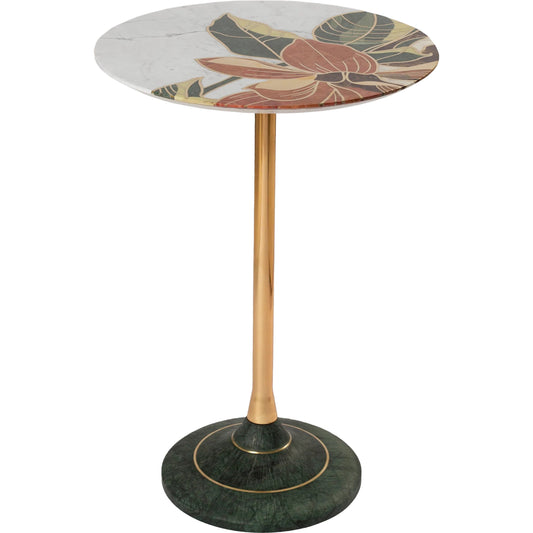 Roselle Stone Inlay Accent Table by Currey and Company in natural, brass. Made from pink marble, carrara marble, stainless steel, brass in a unique style.