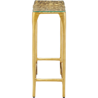 Honeycomb Console Table by Currey and Company in gold, clear. Made from cast aluminum, glass in a modern style.