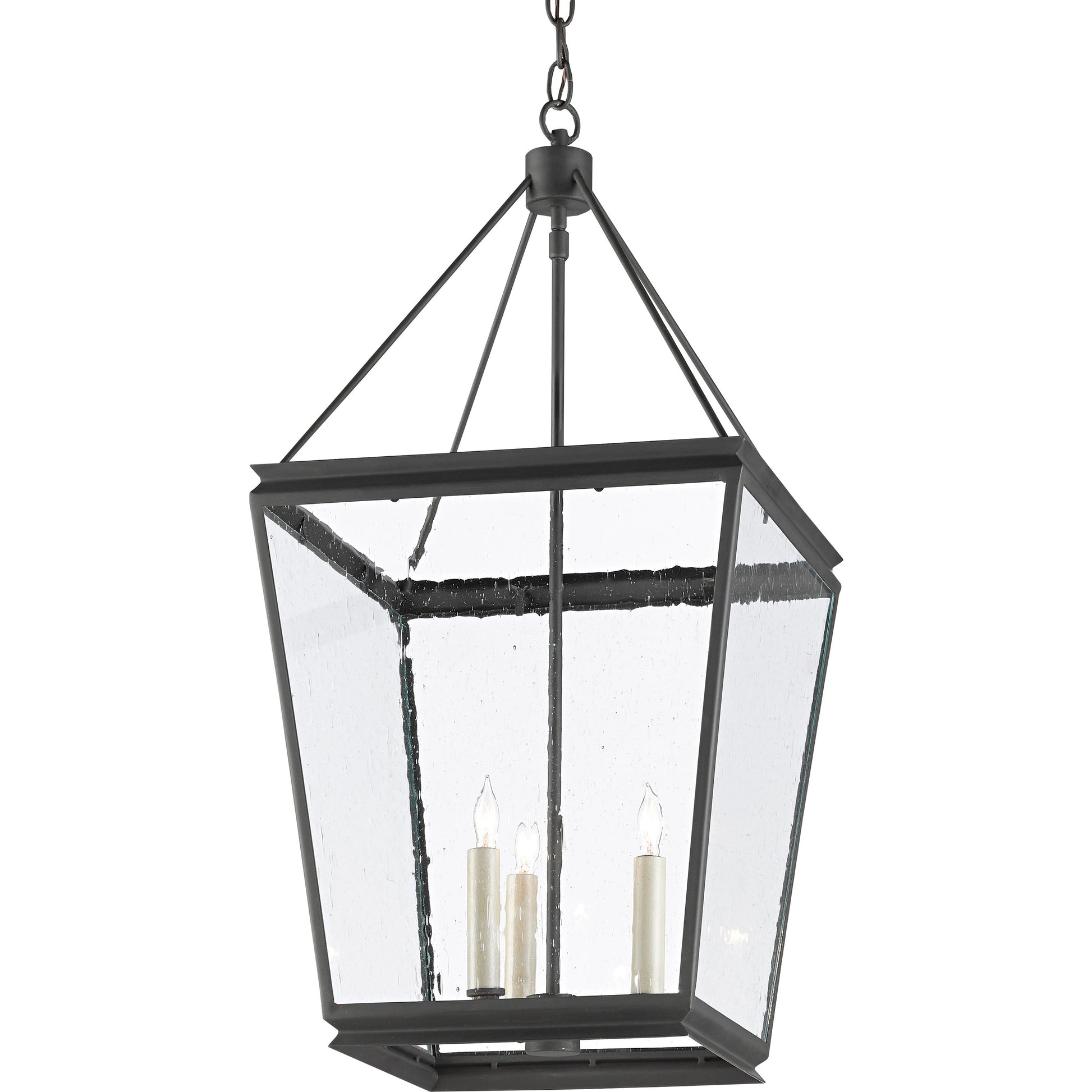 Ellerman Lantern by Currey and Company in old iron. Made from wrought iron, seeded glass in a transitional style.