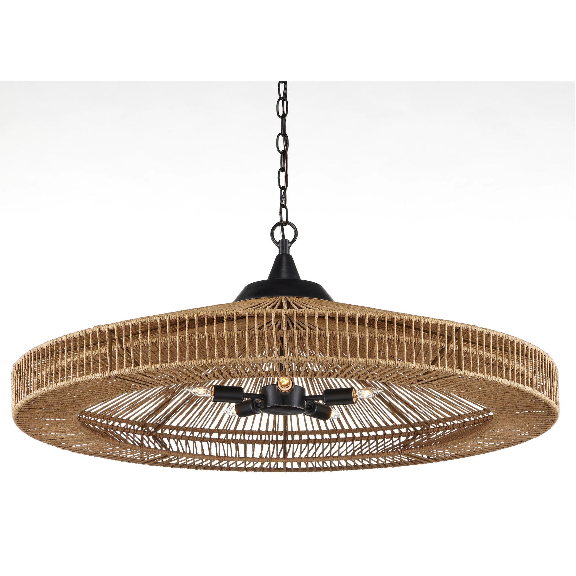 Maldives Chandelier by Currey and Company in natural, satin black. Made from wrought iron, kraft paper twine in a coastal style.
