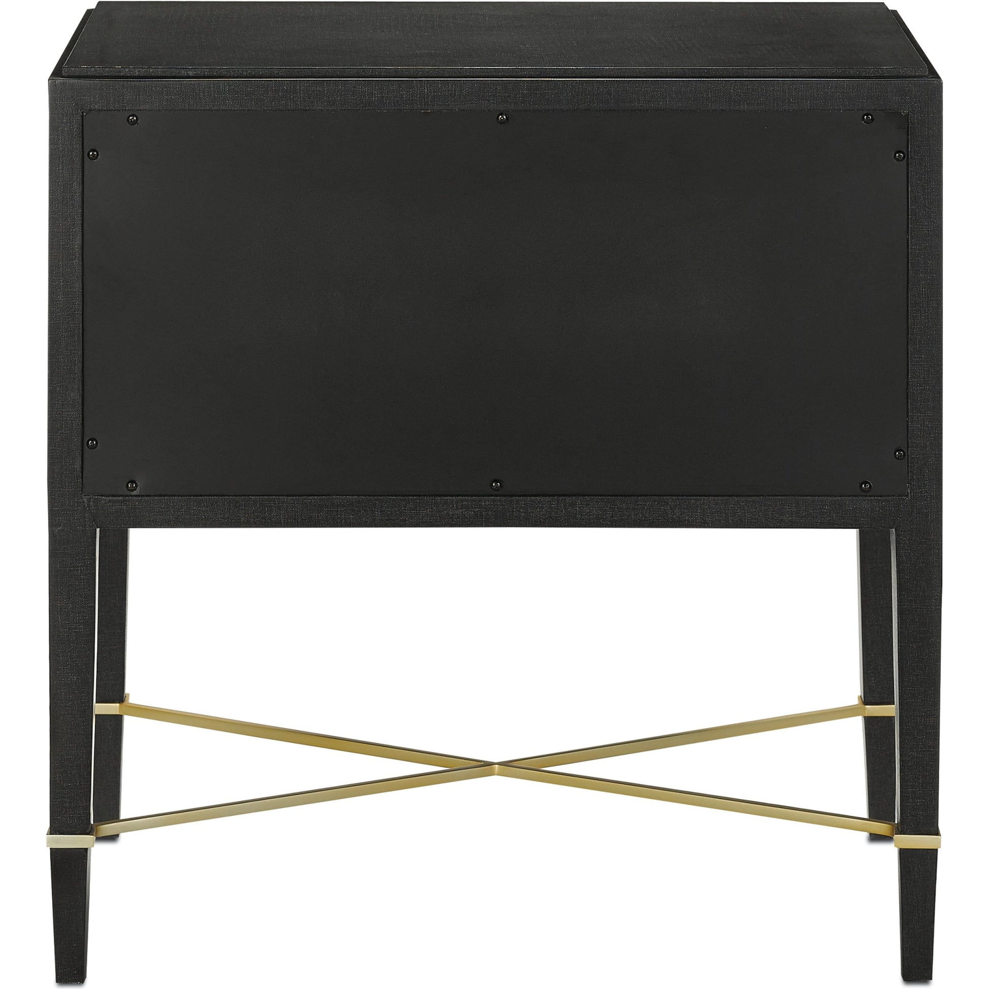 Verona Nightstand by Currey and Company in black lacquered linen, champagne stretchers, linen wrapped cha. Made from solid wood, engineered hardwood in a traditional style.