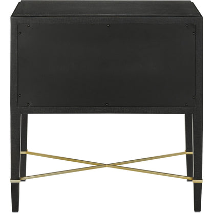 Verona Nightstand by Currey and Company in black lacquered linen, champagne stretchers, linen wrapped cha. Made from solid wood, engineered hardwood in a traditional style.