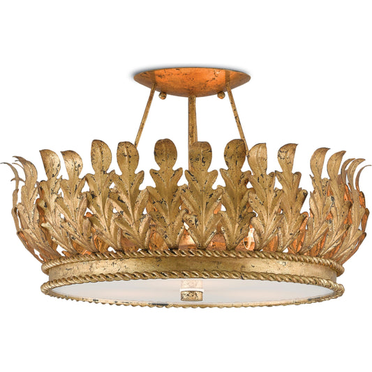Biddulph Semi-Flush Mount by Currey and Company in gold leaf, white. Made from wrought iron, acrylic in a traditional style.