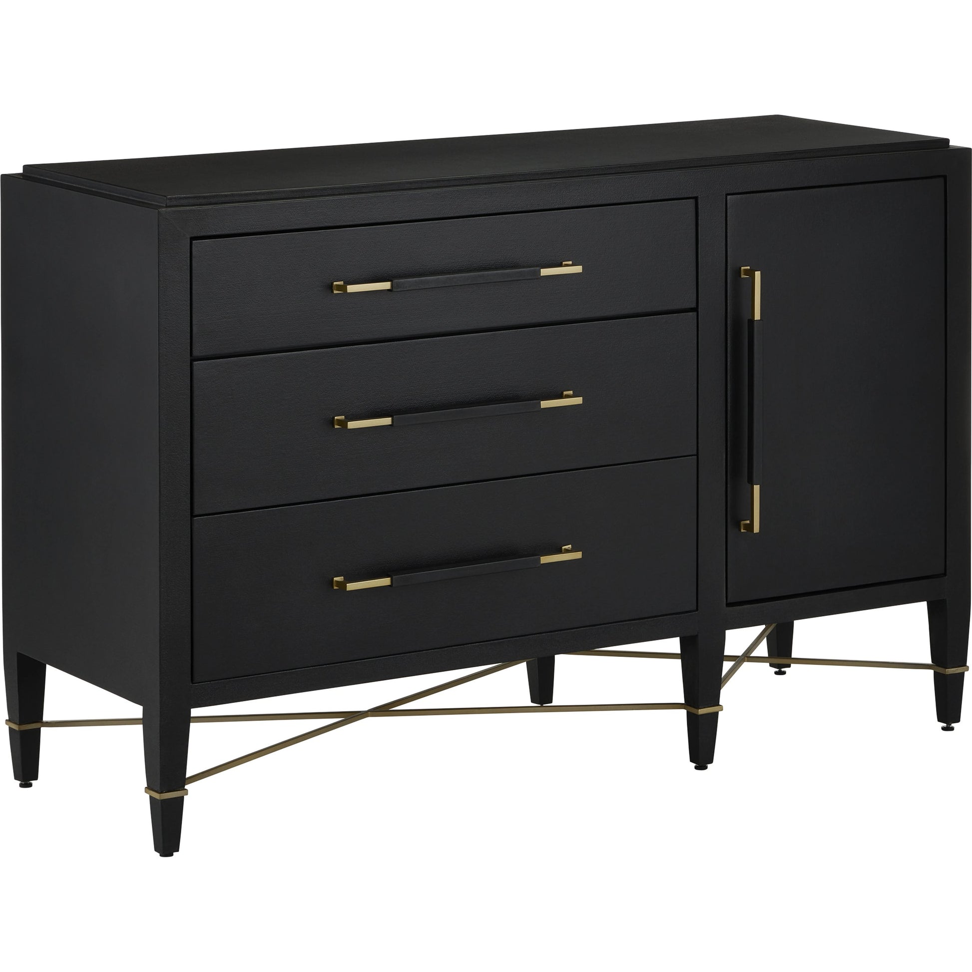 Verona Three-Drawer Chest by Currey and Company in lacquered black linen, champagne. Made from black linen, mahogany, brass, iron in a traditional style.