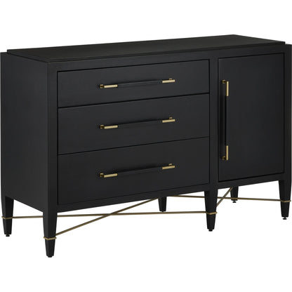 Verona Three-Drawer Chest by Currey and Company in lacquered black linen, champagne. Made from black linen, mahogany, brass, iron in a traditional style.