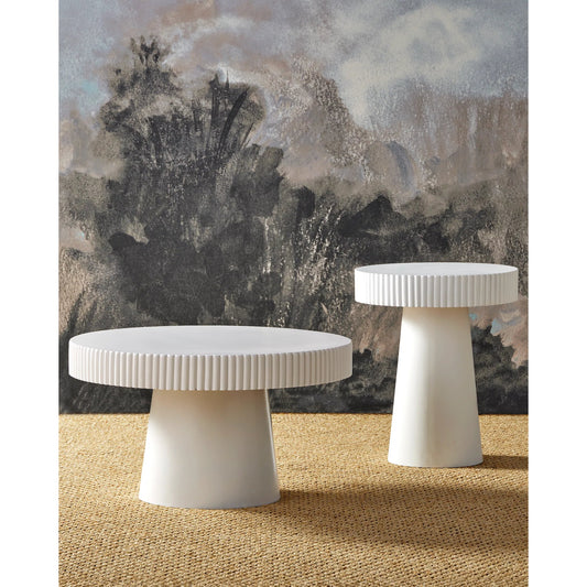 Harlow Concrete Cocktail Table by Currey and Company in white. Made from fiber concrete in a unique style.