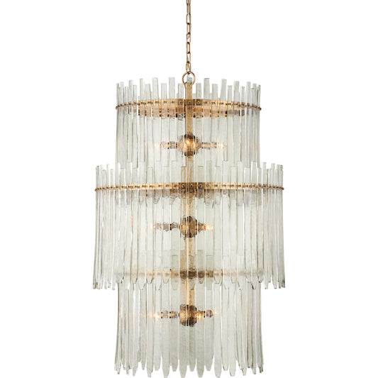 Electra Three-Tier Chandelier by Currey and Company in clear, antique brass. Made from glass, iron in a unique style.