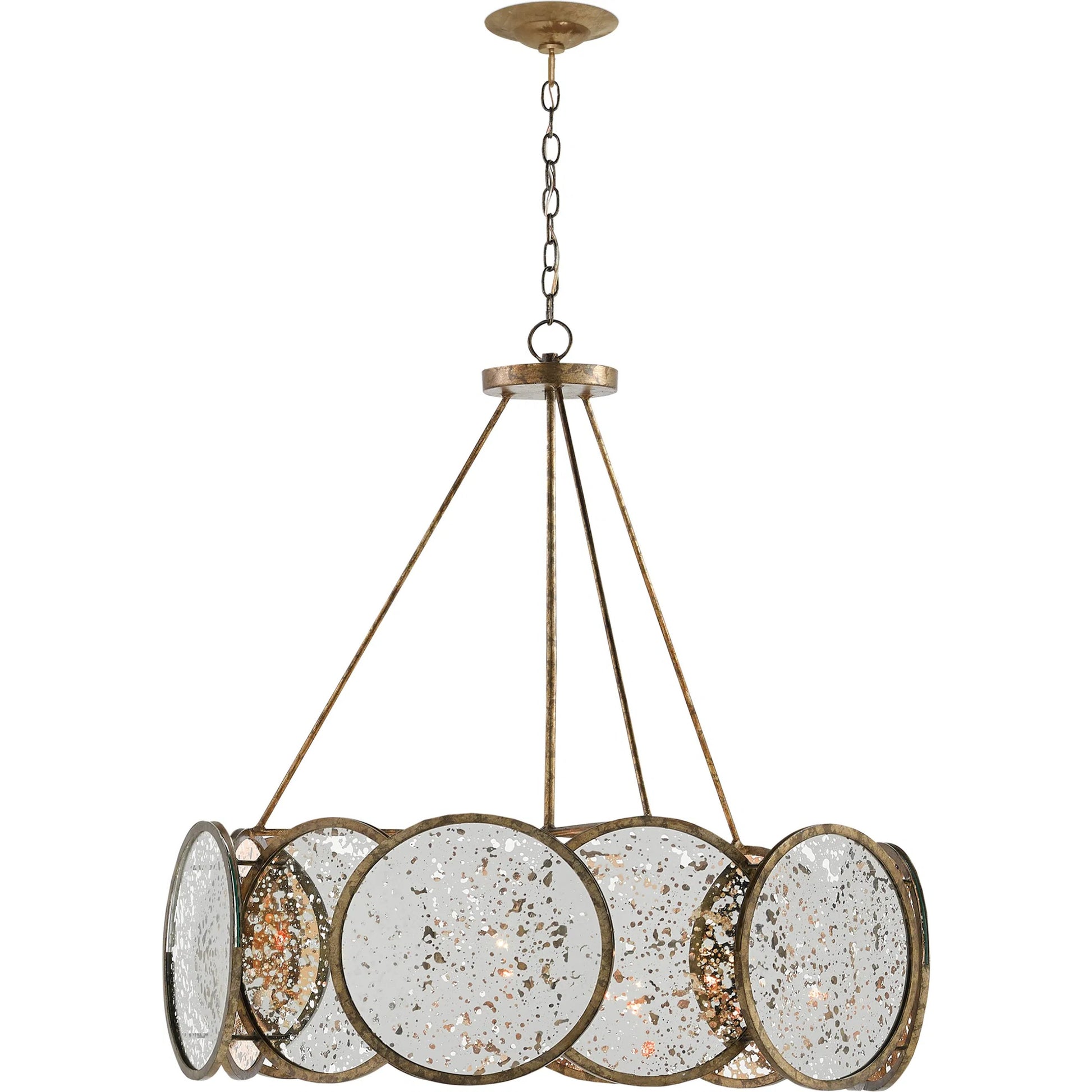 Oliveri Chandelier by Currey and Company in pyrite bronze, raj mirror. Made from wrought iron, glass in a modern style.