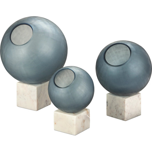 Fresno Orb Set by Currey and Company in indigo blue, natural. Made from glass, marble in a modern style.