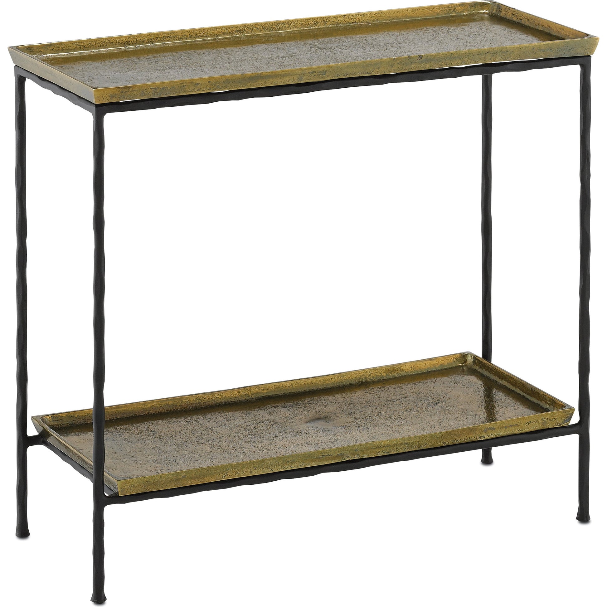 Boyles Brass Side Table by Currey and Company in antique brass, black. Made from cast aluminum, iron in a transitional style.