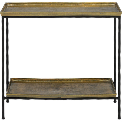 Boyles Brass Side Table by Currey and Company in antique brass, black. Made from cast aluminum, iron in a transitional style.