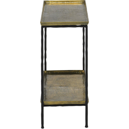 Boyles Brass Side Table by Currey and Company in antique brass, black. Made from cast aluminum, iron in a transitional style.