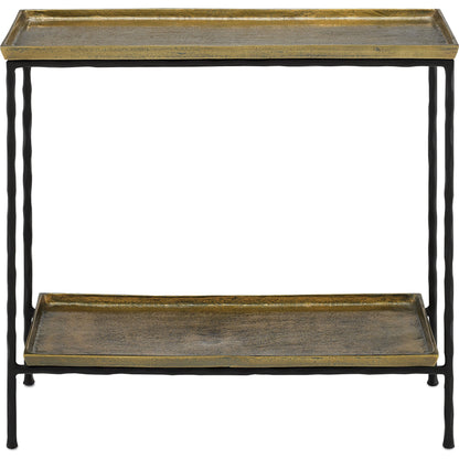 Boyles Brass Side Table by Currey and Company in antique brass, black. Made from cast aluminum, iron in a transitional style.