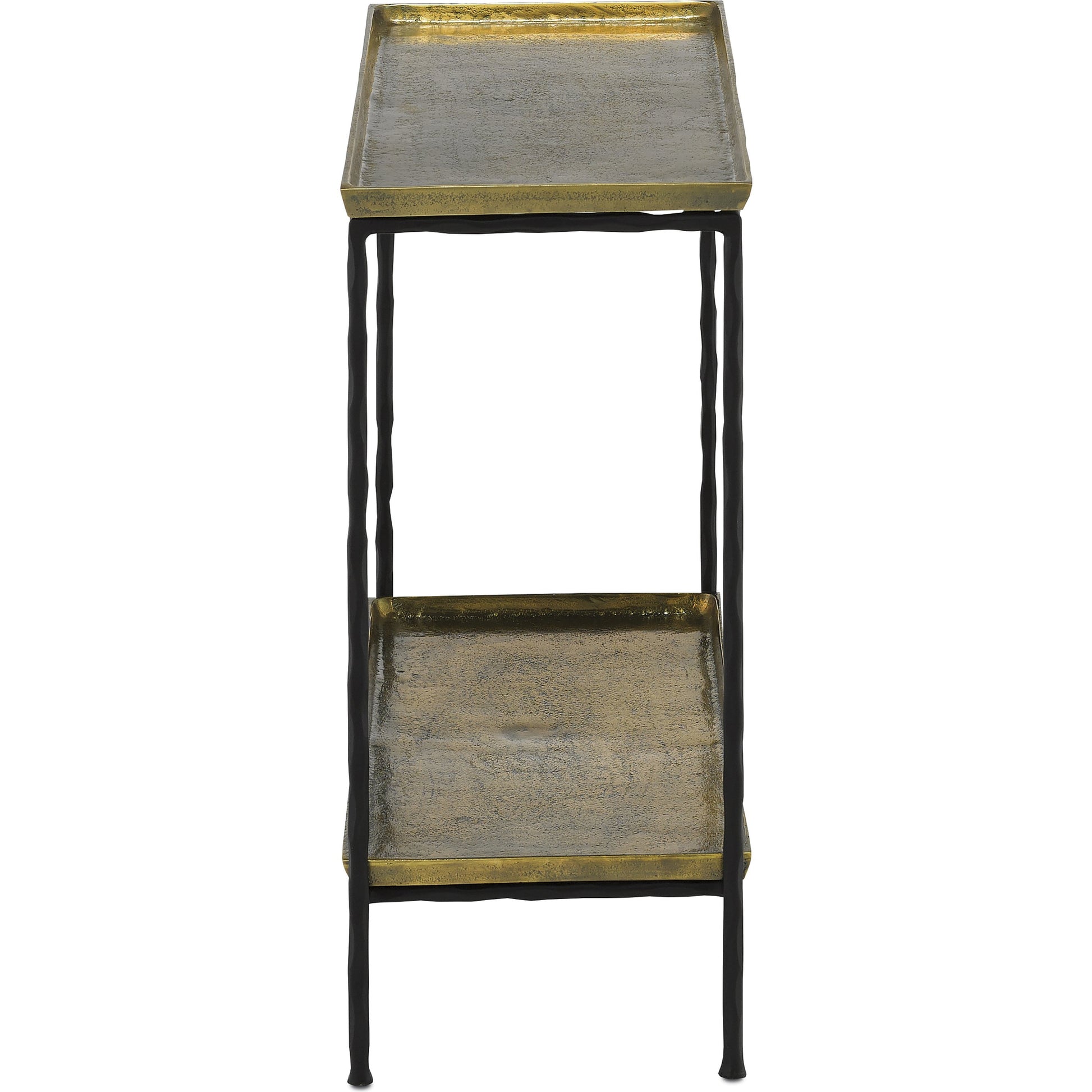 Boyles Brass Side Table by Currey and Company in antique brass, black. Made from cast aluminum, iron in a transitional style.