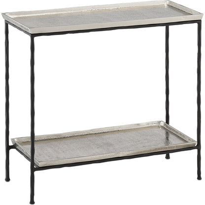 Boyles Brass Side Table by Currey and Company in antique brass, black. Made from cast aluminum, iron in a transitional style.